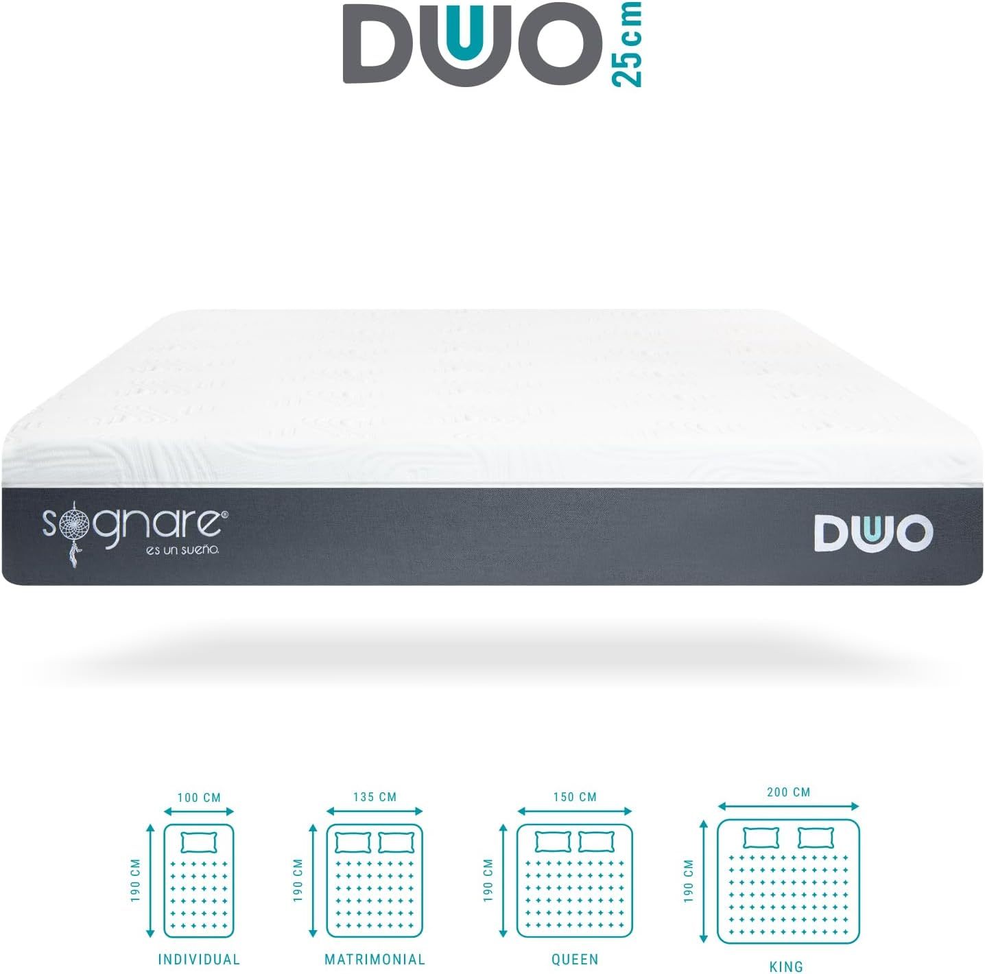 Sognare Duo 2.0 Colchón Tamaño Matrimonial Semi Firme Memory Foam, Funda Hipoalergénica Fácil de Limpiar. 100 Noches de Garantía.