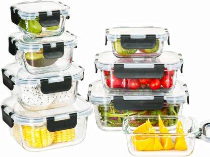 EasyWare JUEGO DE RECIPIENTES DE VIDRIO HERMÉTICO, CONTENEDORES Para Alimentos con Tapas Cierre Fácil, Refractarios para Cocina, Horno, Refrigerador Congelador (JUEGO 10 RECIPIENTES (20 PZ))