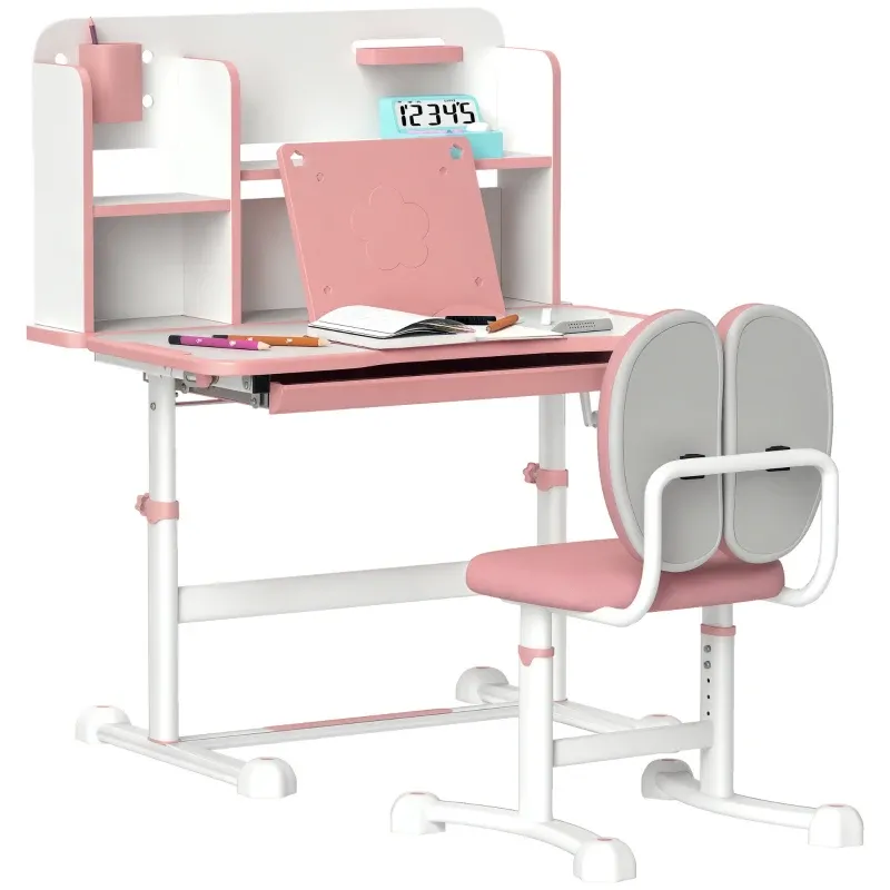 Qaba Juego de escritorio y silla para niños de altura ajustable para escribir y dibujar con escritorio inclinable, cajón de almacenamiento y estante de lectura