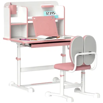 Qaba Juego de escritorio y silla para niños de altura ajustable para escribir y dibujar con escritorio inclinable, cajón de almacenamiento y estante de lectura