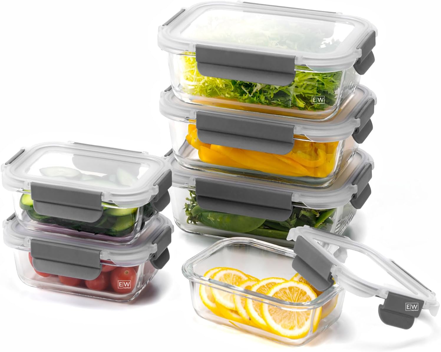 EasyWare JUEGO DE RECIPIENTES DE VIDRIO HERMÉTICO, CONTENEDORES Para Alimentos con Tapas Cierre Fácil, Refractarios para Cocina, Horno, Refrigerador Congelador (JUEGO 10 RECIPIENTES (20 PZ))