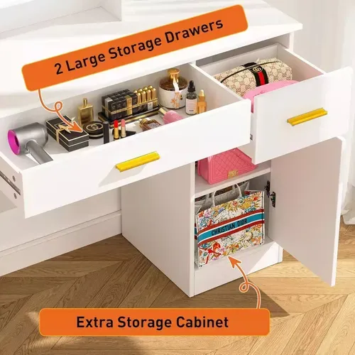 Tocador De Dormitorio Con Luces Led Y Dos Espejos Con Banco