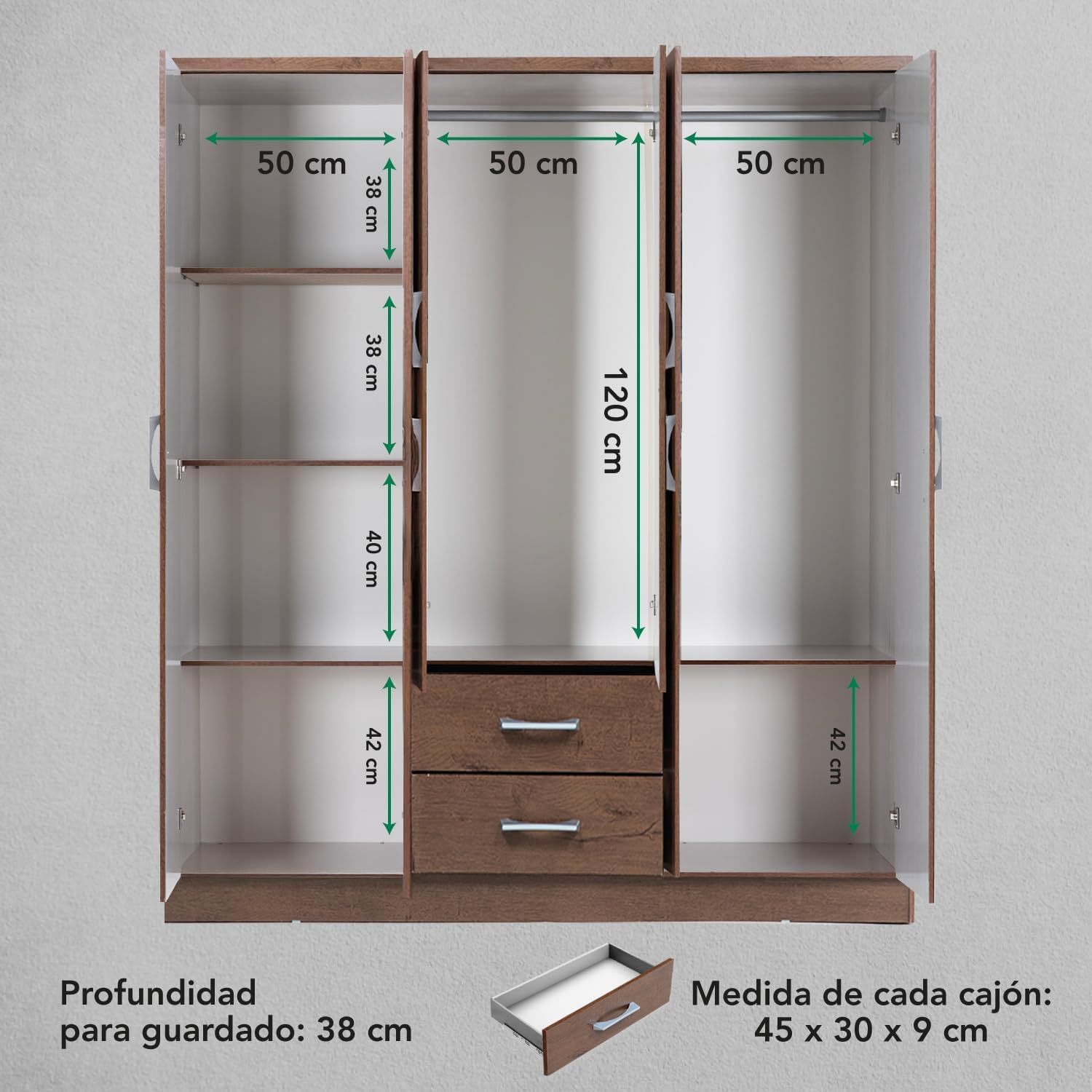Kingshouse | Ropero De 6 Puertas con 2 Cajones – Color Café – Barra para Colgar – Estructura MDP – Mueble Organizador De Ropa – Armario para Casa, Recámara y Hogar
