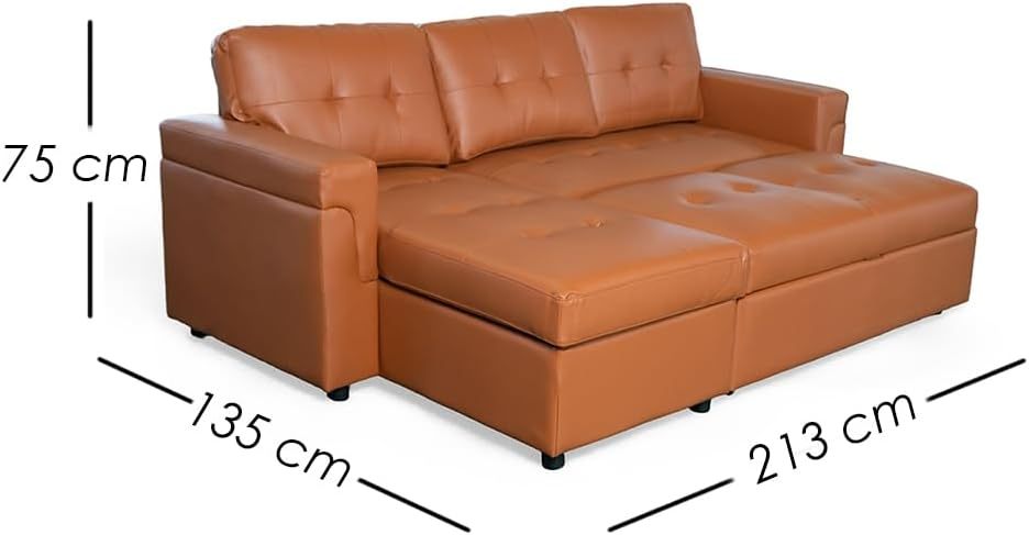 Ilios Innova | Sofá Cama Kairo de Cuero Sintético, Chaise Longue/Cama Extraíble, 3 Plazas, Estructura de Madera, Funcional y Moderno.