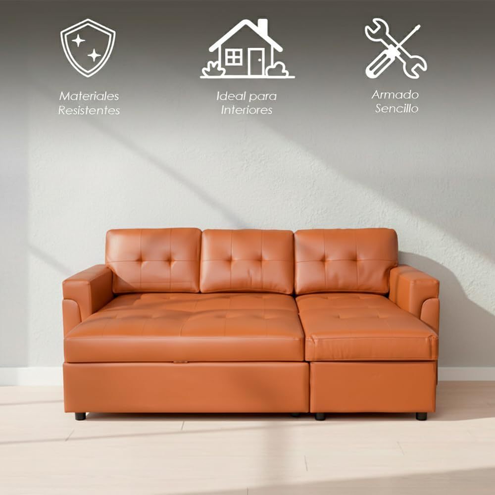 Ilios Innova | Sofá Cama Kairo de Cuero Sintético, Chaise Longue/Cama Extraíble, 3 Plazas, Estructura de Madera, Funcional y Moderno.