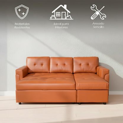Ilios Innova | Sofá Cama Kairo de Cuero Sintético, Chaise Longue/Cama Extraíble, 3 Plazas, Estructura de Madera, Funcional y Moderno.