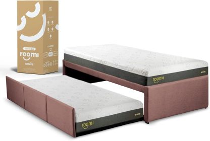 ROOMI Cama Doble Individual + Pack 2 Colchones Individuales Smile de Memory Foam | Cama Extraíble Elaborada de Madera de Pino Recubierta en Suave Tela | Color Gris