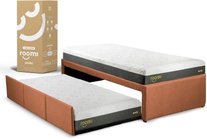 ROOMI Cama Doble Individual + Pack 2 Colchones Individuales Smile de Memory Foam | Cama Extraíble Elaborada de Madera de Pino Recubierta en Suave Tela | Color Gris