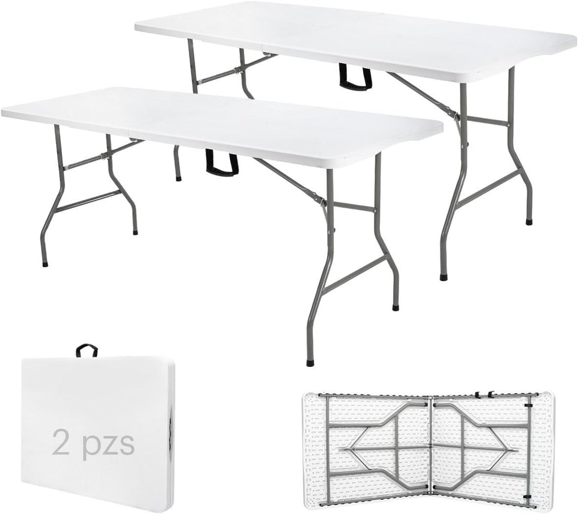 Paquete de 2 Mesas Plegables Negras 180 cm | Mesas de Plástico Resistente Uso Rudo | Ideales para Eventos, Jardín, Negocio y Hogar | Fácil Almacenamiento