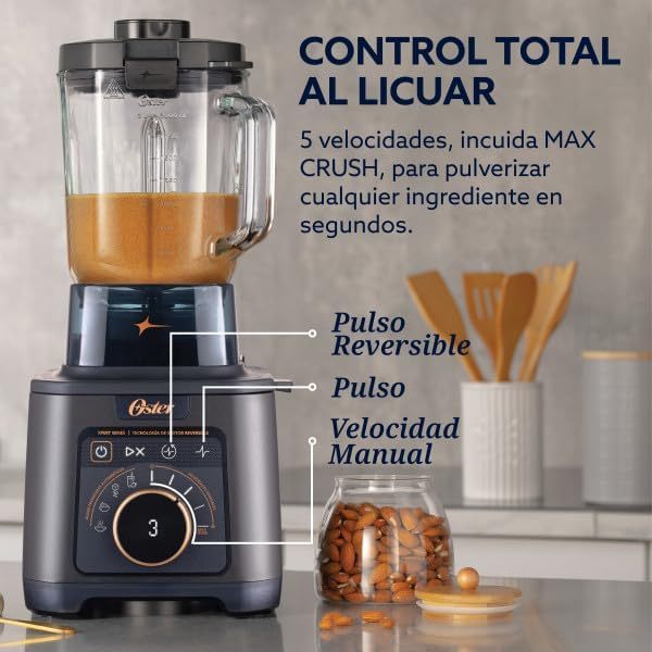 Oster Licuadora Profesional Titan de 2200 W con 4 Programas para Salsa, Sopa, Smoothie y Malteadas, 5 Velocidades, Vaso de Vidrio 2.5 L, Cuchilla de Acero Inoxidable, más Vaso Portátil, BLSTXT-XG