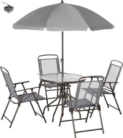 Outsunny - Juego de comedor de 6 piezas para 4 con paraguas, mesa y sillas al aire última intervensión con 4 sillas de comedor plegables y mesa redonda de vidrio para jardín, patio trasero y piscina