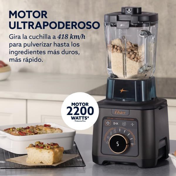 Oster Licuadora Profesional Titan de 2200 W con 4 Programas para Salsa, Sopa, Smoothie y Malteadas, 5 Velocidades, Vaso de Vidrio 2.5 L, Cuchilla de Acero Inoxidable, más Vaso Portátil, BLSTXT-XG