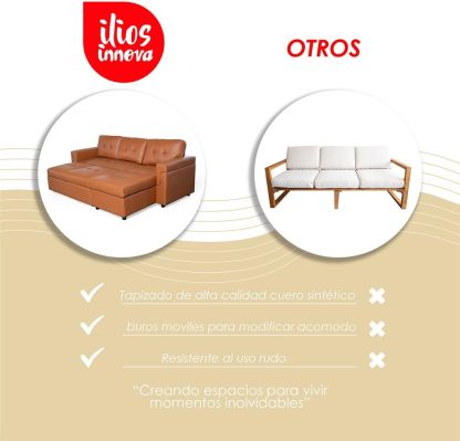 Ilios Innova | Sofá Cama Kairo de Cuero Sintético, Chaise Longue/Cama Extraíble, 3 Plazas, Estructura de Madera, Funcional y Moderno.