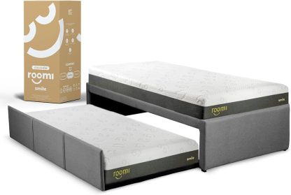 ROOMI Cama Doble Individual + Pack 2 Colchones Individuales Smile de Memory Foam | Cama Extraíble Elaborada de Madera de Pino Recubierta en Suave Tela | Color Gris