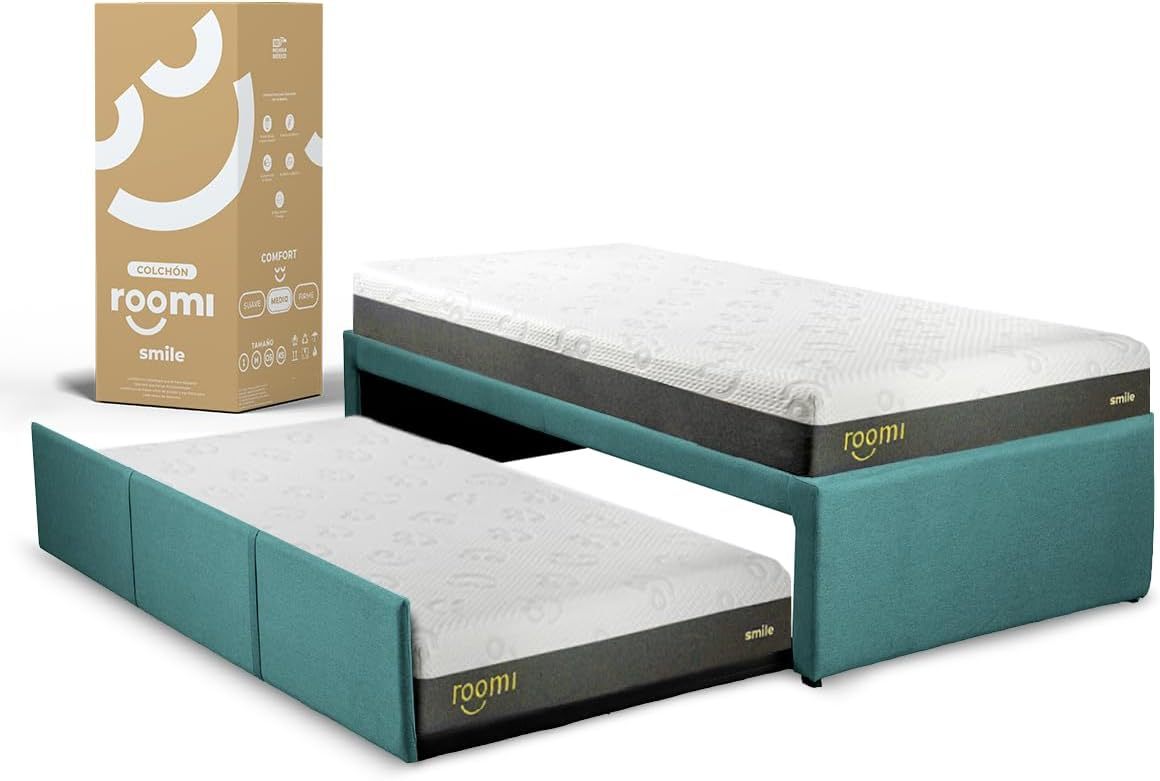 ROOMI Cama Doble Individual + Pack 2 Colchones Individuales Smile de Memory Foam | Cama Extraíble Elaborada de Madera de Pino Recubierta en Suave Tela | Color Gris