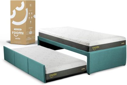 ROOMI Cama Doble Individual + Pack 2 Colchones Individuales Smile de Memory Foam | Cama Extraíble Elaborada de Madera de Pino Recubierta en Suave Tela | Color Gris