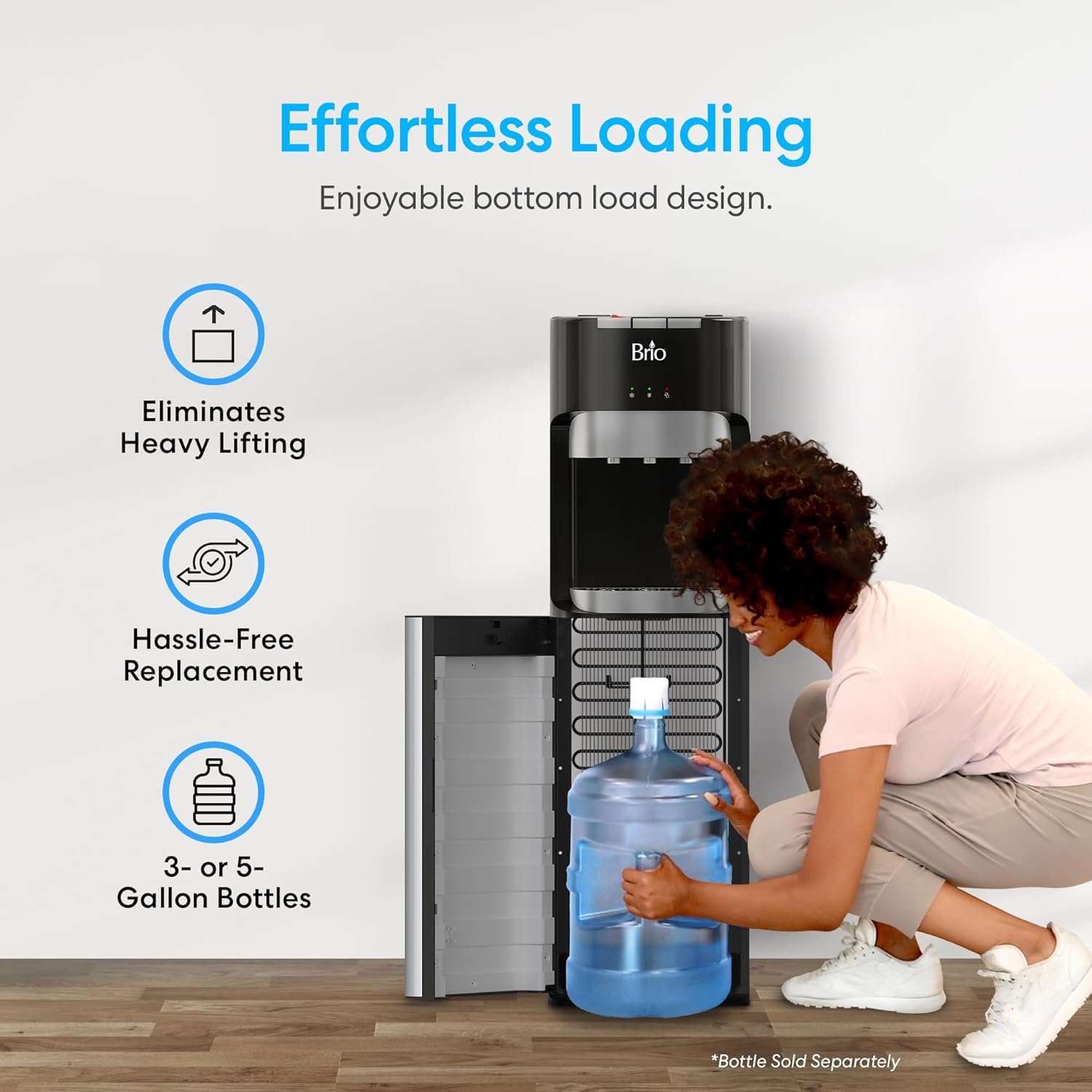 Brio Dispensador de enfriador de agua de carga inferior para botellas de 5 galones, 3 temperaturas con boquillas calientes, habitación y frías, bloqueo de seguridad infantil, visualización LED con alerta de botella vacía, acero inoxidable