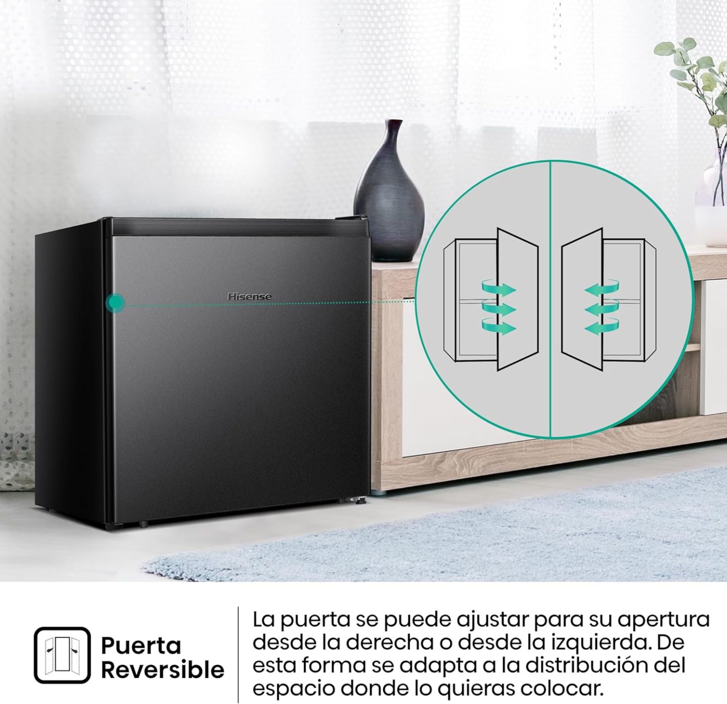 Hisense RR16D6ABX1- Frigobar, 1.6 pies cúbicos, Congelador independiente, Termostato ajustable, Estantes para botellas de 2 litros, 45x47x50cm(AnchoxLargoxAlto), Negro