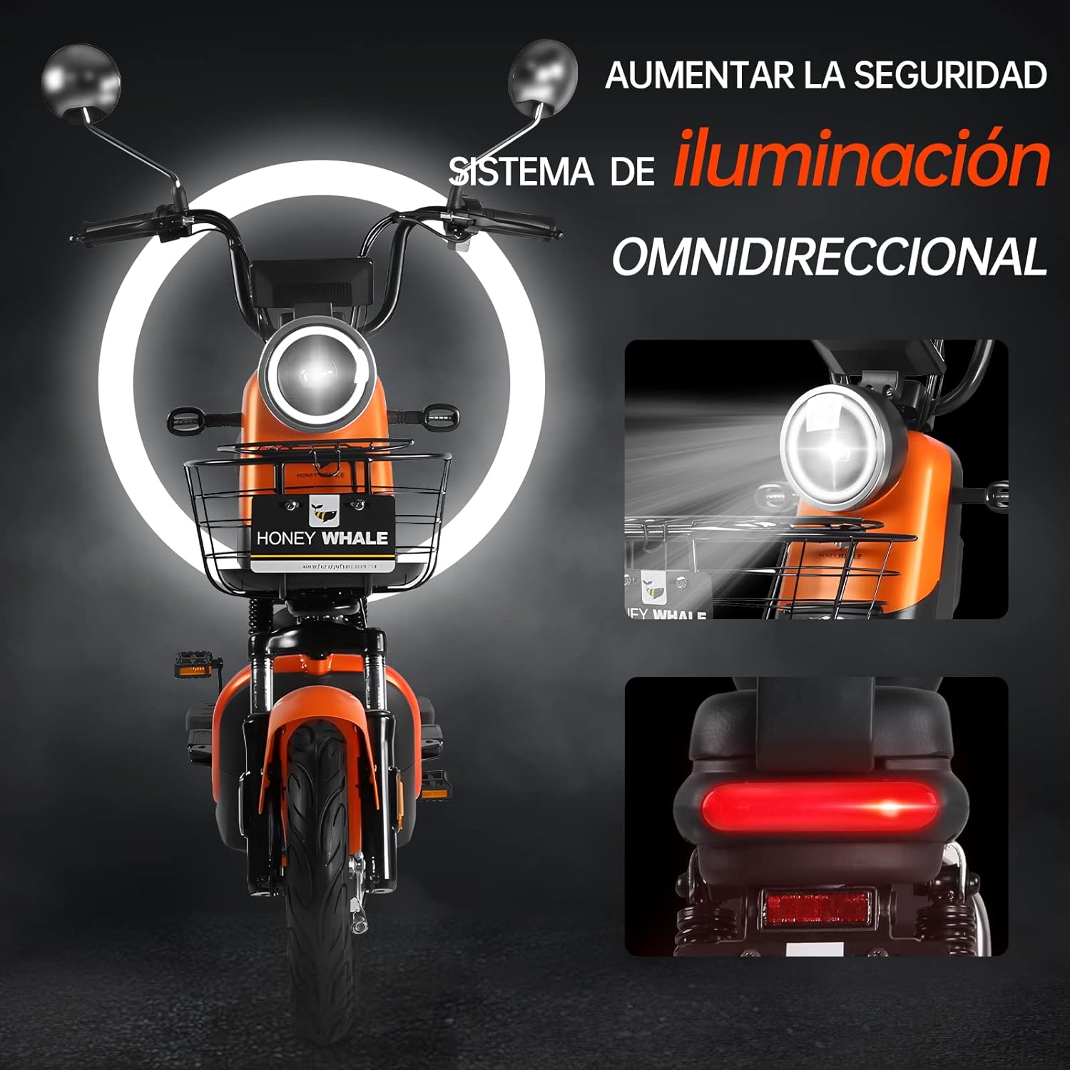 HONEYWHALE U3s Bicicleta eléctrica para adultos, bicicleta eléctrica con alarma, motor máximo 650W, velocidad máxima 31KM/H, autónoma 55-60KM, batería de gran capacidad 20AH, dos asientos----luces de coche