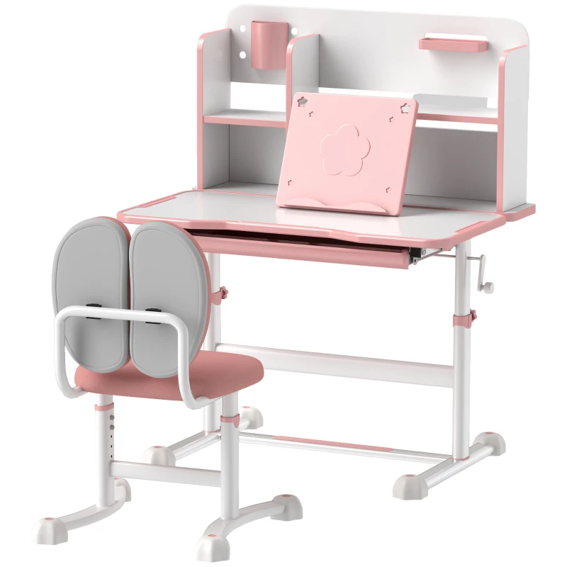 Qaba Juego de escritorio y silla para niños de altura ajustable para escribir y dibujar con escritorio inclinable, cajón de almacenamiento y estante de lectura