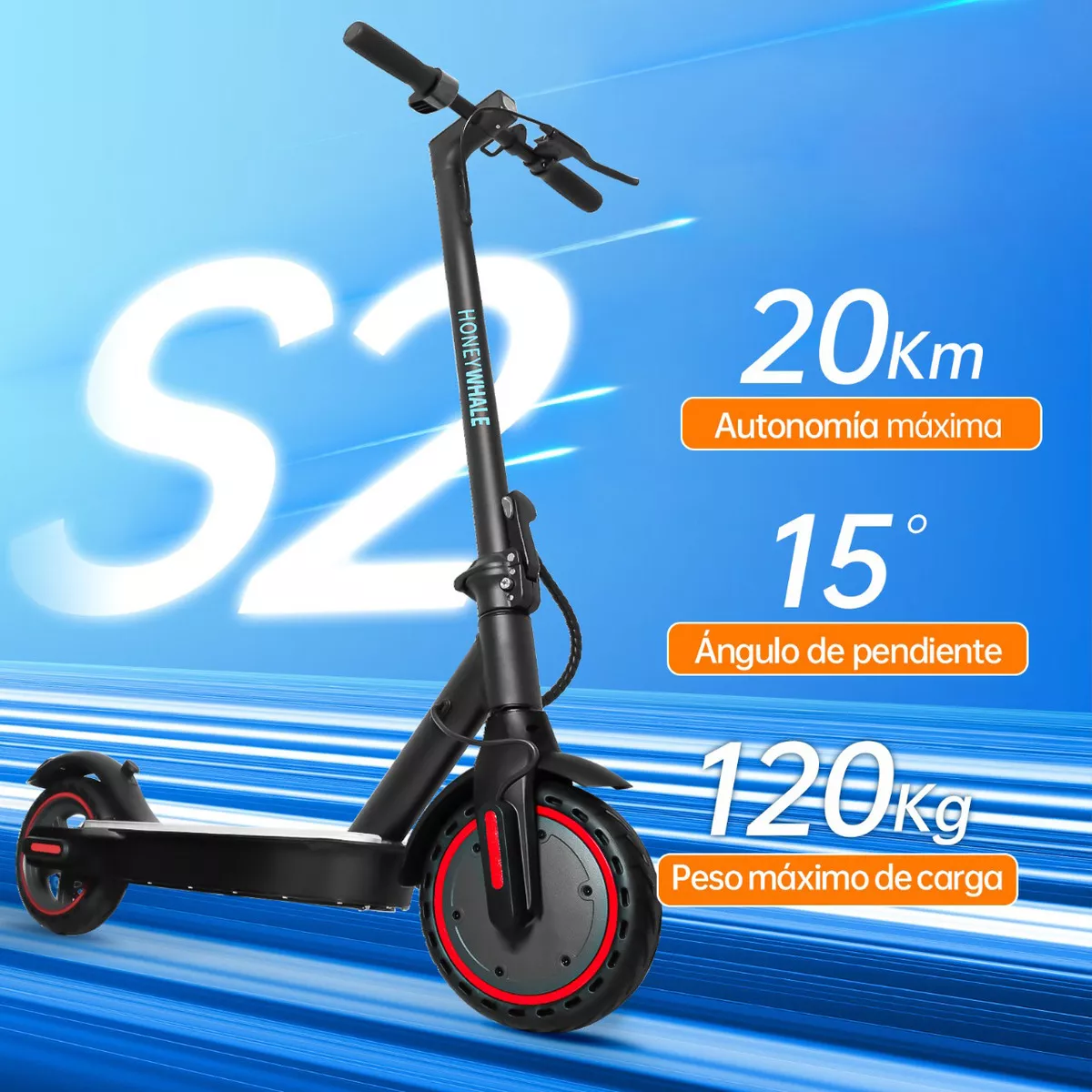 Scooter Eléctrico Patín Plegable Para Adultos S2-V2 Honey Whale Patin Electrico Con Motor Sin Escobillas Potencia Máxima 500w, Velocidad Máxima De 30km/h Con Luz Led En 4 Colores-Guantes