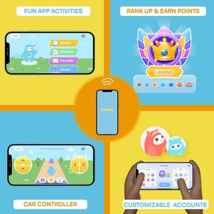 Kidzone Coche de parachoques inteligente para niños pequeños y niños, 12 V, 2 velocidades, juguete eléctrico para chocar, regalos con control remoto, control de aplicación, luces LED, Bluetooth, giro de 360° y pegatina de bricolaje, certificado ASTM