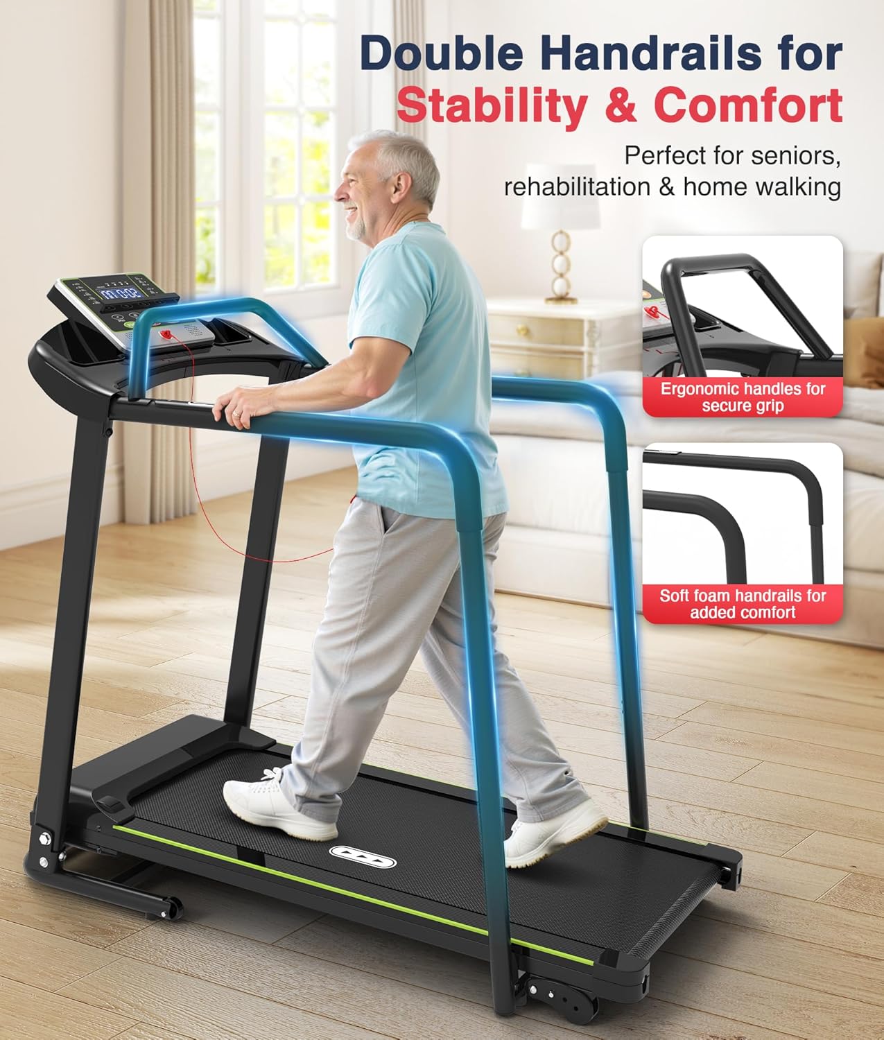 Redliro - Cinta de correr para caminar con pasamanos largos para equilibrio, mÃ¡quina de ejercicio de recuperaciÃ³n de fitness, plegable para uso domÃ©stico con soporte para telÃ©fono y taza