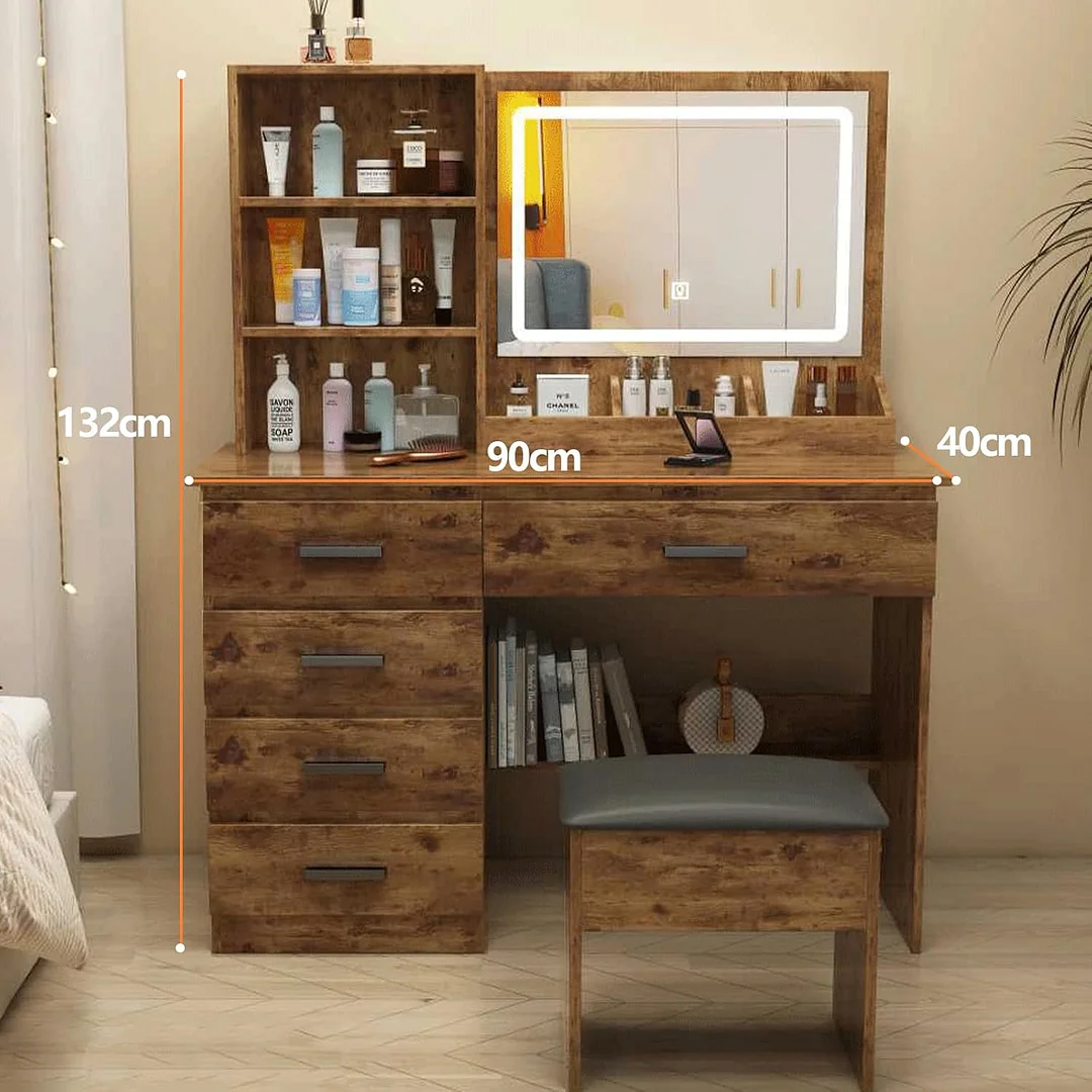 Tocador,Tocador de Maquillaje con Luces de Espejo, Vanity Tocador con 5 Cajones,Estantes de Almacenamiento,Taburete Acolchado, Tocador con 3 Estantes, Mesa de Maquillaje para Dormitorio Blanco