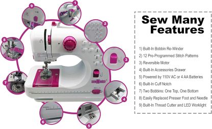 Sew Mighty Mini máquina de coser portátil y kit de costura – 12 patrones de costura preprogramados – Funciona con pilas y CA, doble velocidad, cose hacia adelante y hacia atrás, alimentación de CA y CC – Incluye pedal de pie