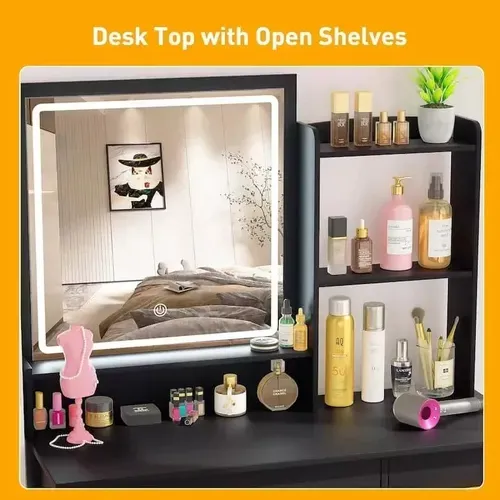 Tocador De Dormitorio Con Luces Led Y Dos Espejos Con Banco