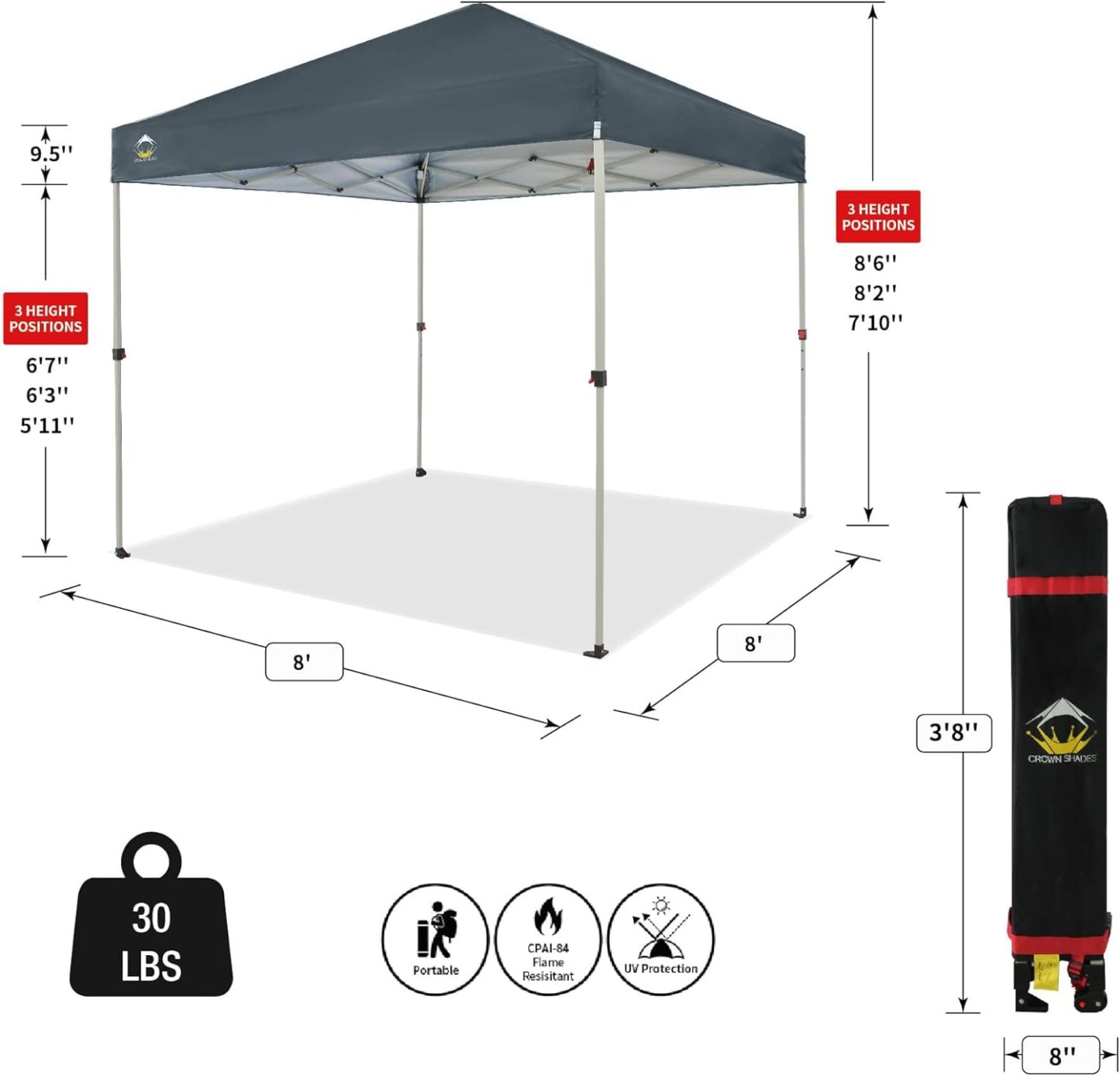 CROWN SHADES - Toldo desplegable para la Playa, fácil de armar, para el Aire Libre, Eventos, Fiestas, Campamento, Cubierta STO-N-Go, Parte Superior recubierta de Plata, 10 x 10 Pulgadas, Blanco