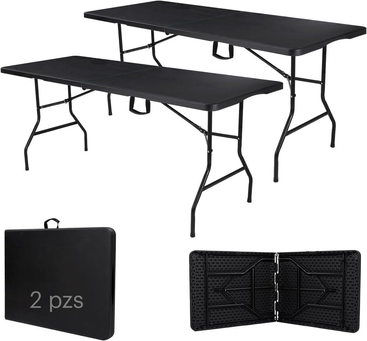 Paquete de 2 Mesas Plegables Negras 180 cm | Mesas de Plástico Resistente Uso Rudo | Ideales para Eventos, Jardín, Negocio y Hogar | Fácil Almacenamiento