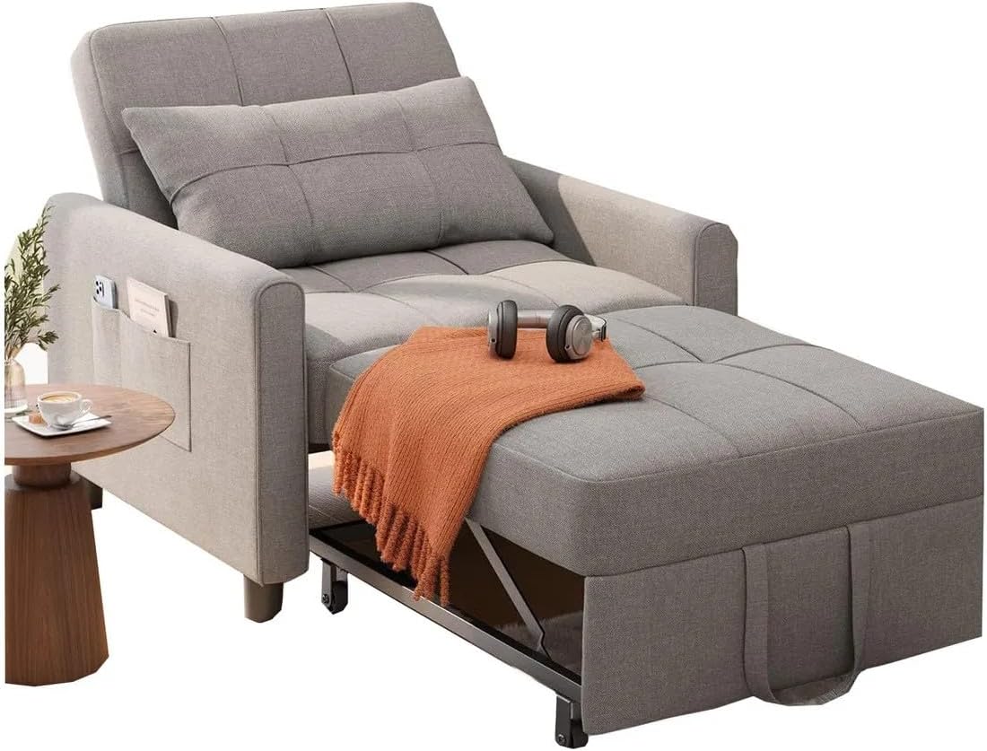BRO A SIS Sillón Cama Individual Plegable 3 en 1, Sofá Cama Reclinable Convertible con Ruedas y Bolsillo, Silla Lounge de Lino para Sala Pequeña, Descanso para Visitas con Reposabrazos (Gris)