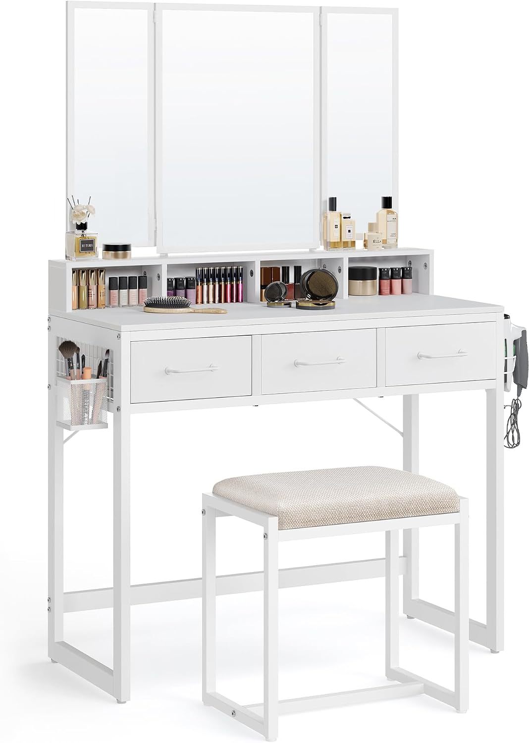VASAGLE Tocador con Espejo y Taburete, Mesa de Maquillaje con Espejo Triple, 3 Cajones, Industrial, Marrón Rústico y Negro MRVT004B01V2