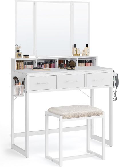 VASAGLE Tocador con Espejo y Taburete, Mesa de Maquillaje con Espejo Triple, 3 Cajones, Industrial, Marrón Rústico y Negro MRVT004B01V2