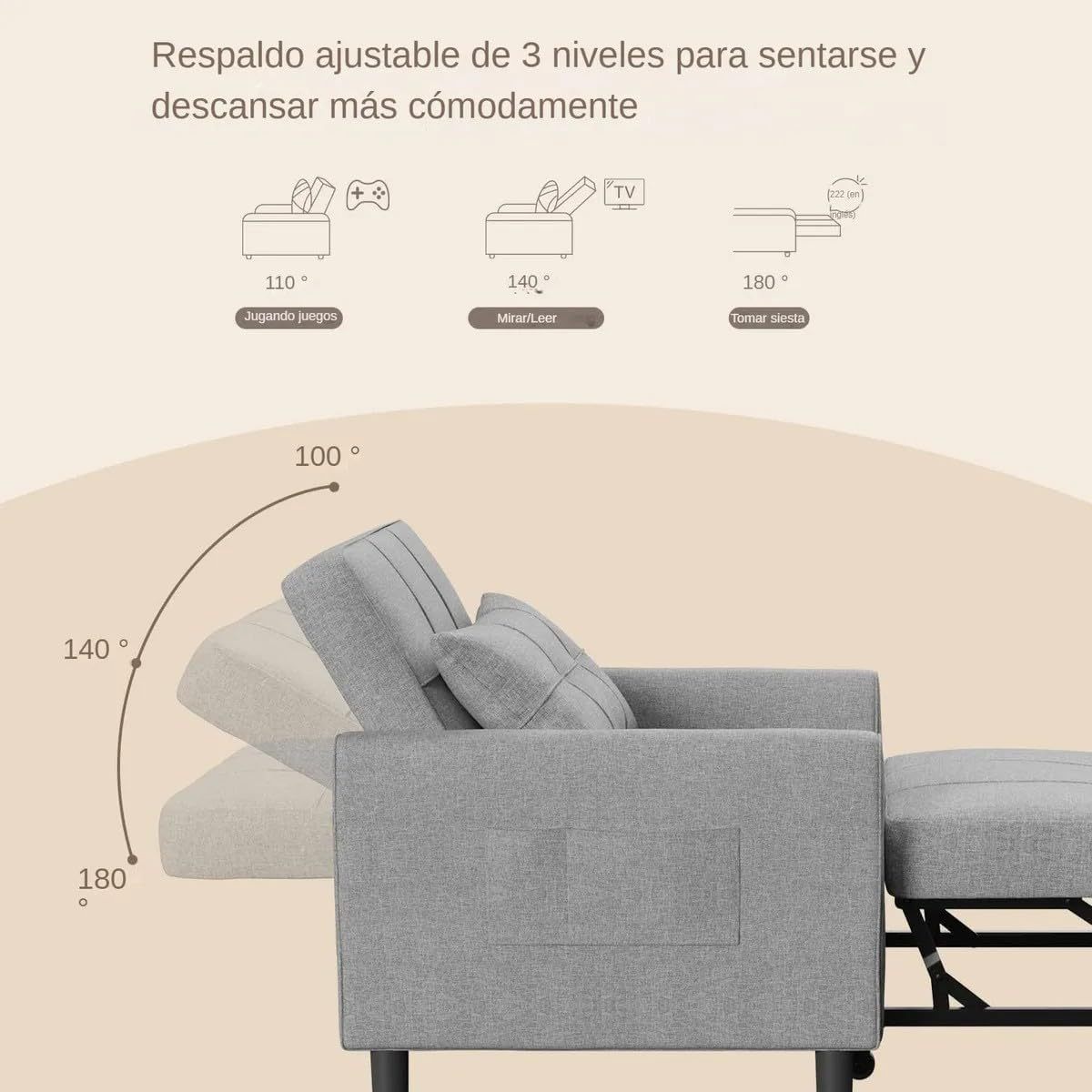 BRO A SIS Sillón Cama Individual Plegable 3 en 1, Sofá Cama Reclinable Convertible con Ruedas y Bolsillo, Silla Lounge de Lino para Sala Pequeña, Descanso para Visitas con Reposabrazos (Gris)