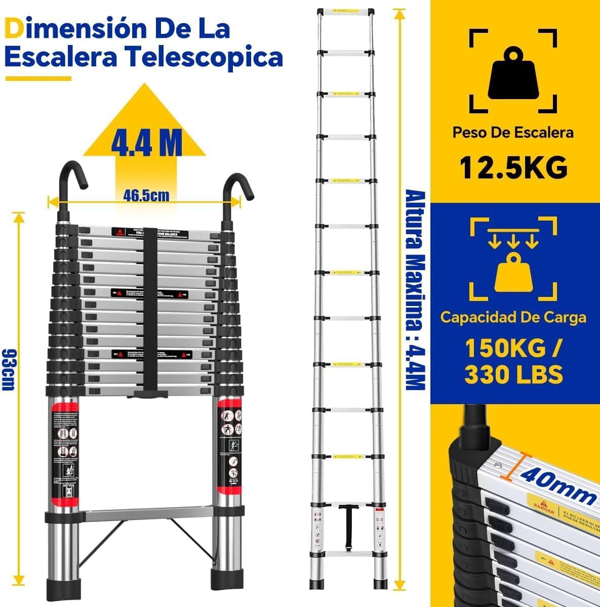 Bowoshen Escalera Telescópica De 6.2 Metros Escalera De Aluminio Segura Y Protegida Antideslizante Multiusos Escalera Extensible 20.5 Pies, 330 Libras Capacidad