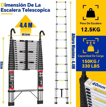Bowoshen Escalera Telescópica De 6.2 Metros Escalera De Aluminio Segura Y Protegida Antideslizante Multiusos Escalera Extensible 20.5 Pies, 330 Libras Capacidad