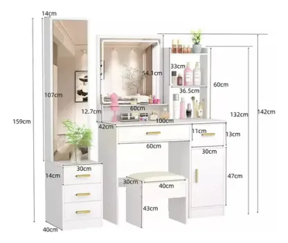 Tocador De Dormitorio Con Luces Led Y Dos Espejos Con Banco