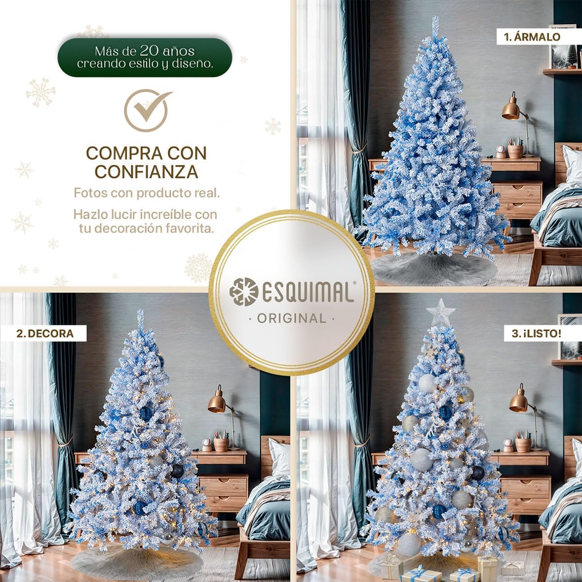 ESQUIMAL Árbol de Navidad Frondoso con Ramas Escarchadas, Pino Navideño (Azul Nevado, 1.8 m)