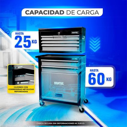Hantec - Combo Caja de Herramientas y Estante Móvil - 9 Cajones Deslizables, Metal Reforzado con Ruedas y Cerradura - Color Gris