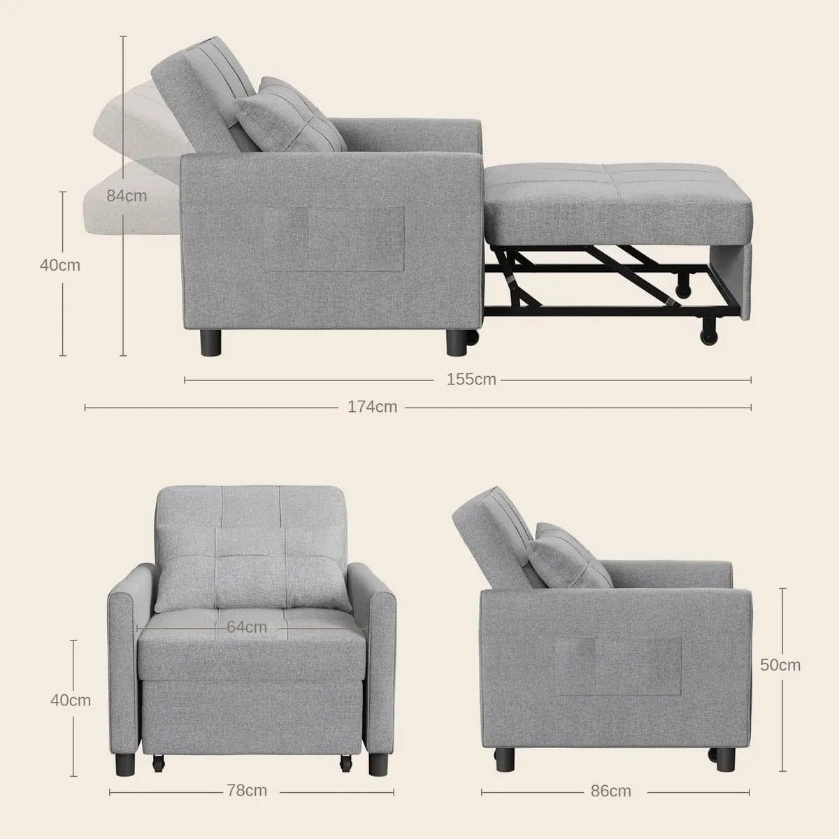 BRO A SIS Sillón Cama Individual Plegable 3 en 1, Sofá Cama Reclinable Convertible con Ruedas y Bolsillo, Silla Lounge de Lino para Sala Pequeña, Descanso para Visitas con Reposabrazos (Gris)