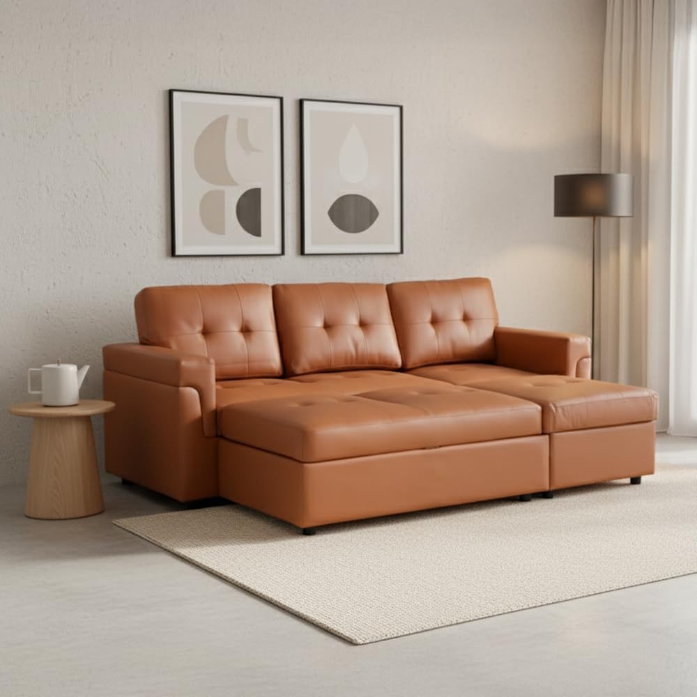 Ilios Innova | Sofá Cama Kairo de Cuero Sintético, Chaise Longue/Cama Extraíble, 3 Plazas, Estructura de Madera, Funcional y Moderno.