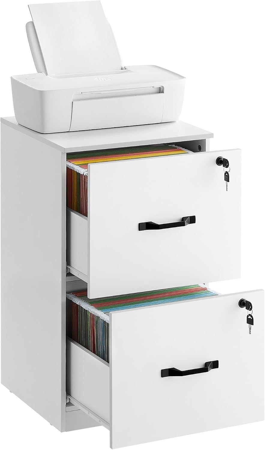 VASAGLE Archivador de 3 Cajones, Archivador con Cerradura, Soporte para Impresora, Archivos de Tamaño A4 y Carta, Blanco Nube MOFC055W14