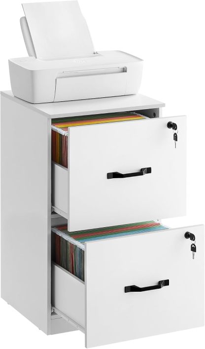 VASAGLE Archivador de 3 Cajones, Archivador con Cerradura, Soporte para Impresora, Archivos de Tamaño A4 y Carta, Blanco Nube MOFC055W14