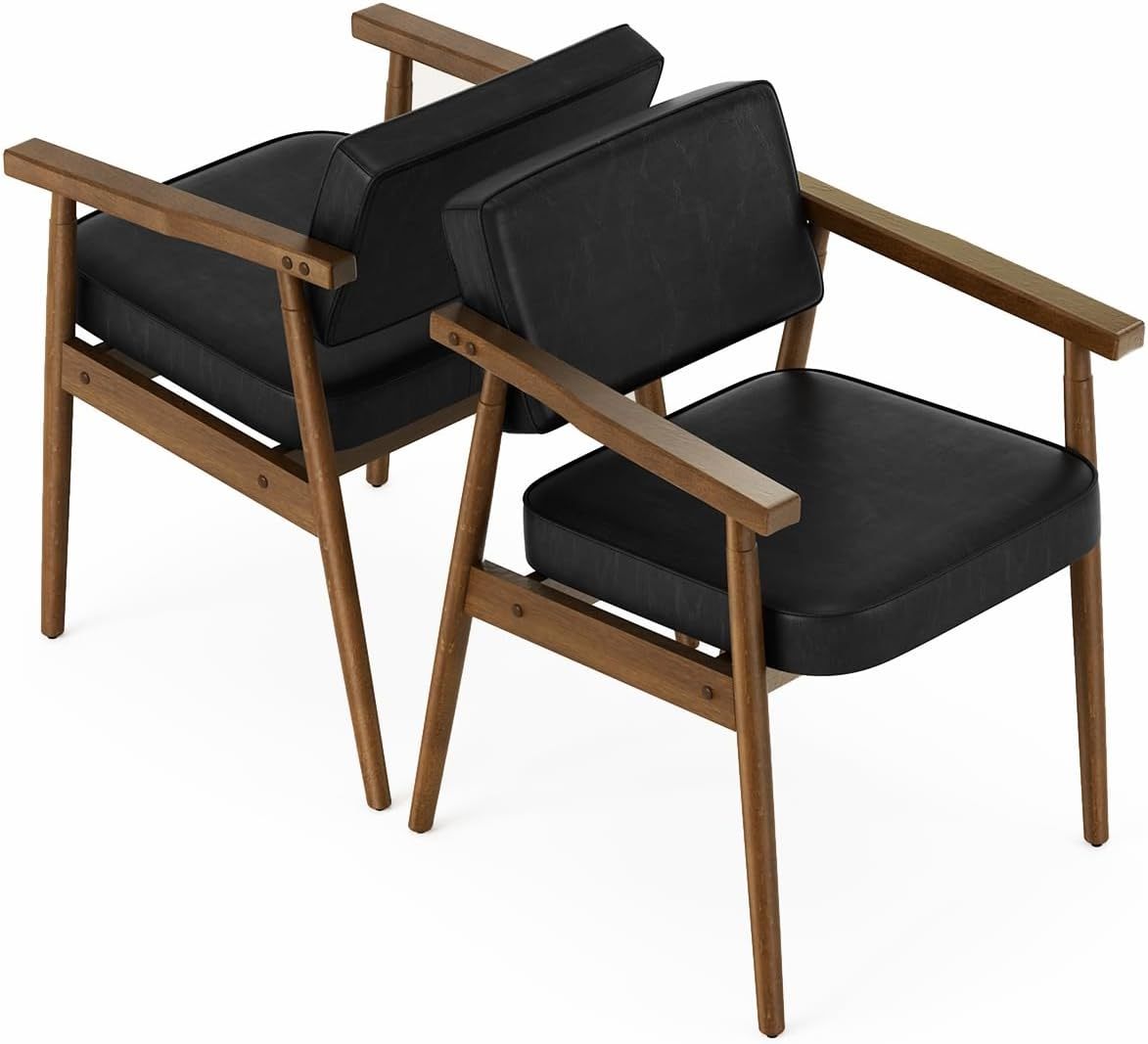 FurnitureR Juego 2 Sillas Comedor Modernas Mediados Siglo, Sillones Retro Madera y Piel Sintética, Sillón Lounge, Cómodas Sillas Lectura para Espacios Pequeños Negro