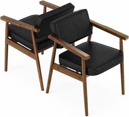 FurnitureR Juego 2 Sillas Comedor Modernas Mediados Siglo, Sillones Retro Madera y Piel Sintética, Sillón Lounge, Cómodas Sillas Lectura para Espacios Pequeños Negro