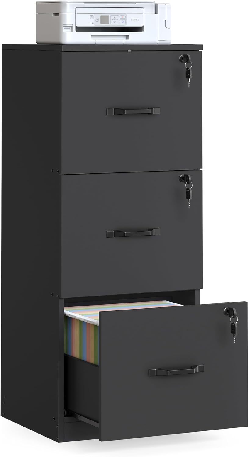 VASAGLE Archivador de 3 Cajones, Archivador con Cerradura, Soporte para Impresora, Archivos de Tamaño A4 y Carta, Blanco Nube MOFC055W14