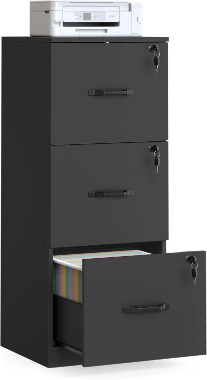 VASAGLE Archivador de 3 Cajones, Archivador con Cerradura, Soporte para Impresora, Archivos de Tamaño A4 y Carta, Blanco Nube MOFC055W14