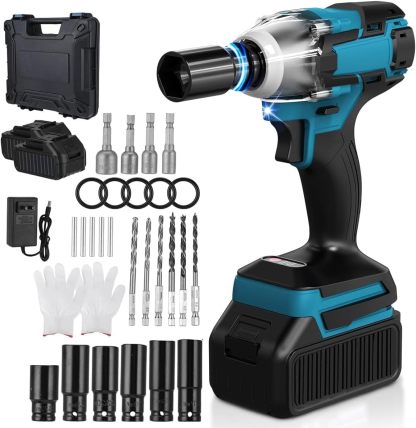 Pistola de Impacto 1/2" Inalámbrico, 950N.M Llave de Impacto, 45 Accesorios, Motor Sin Escobillas, para ReparacióN de AutomóViles y Muebles, Perforación